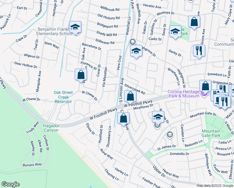 map of restaurants, bars, coffee shops, grocery stores, and more near 3141 Brunstane Circle in Corona