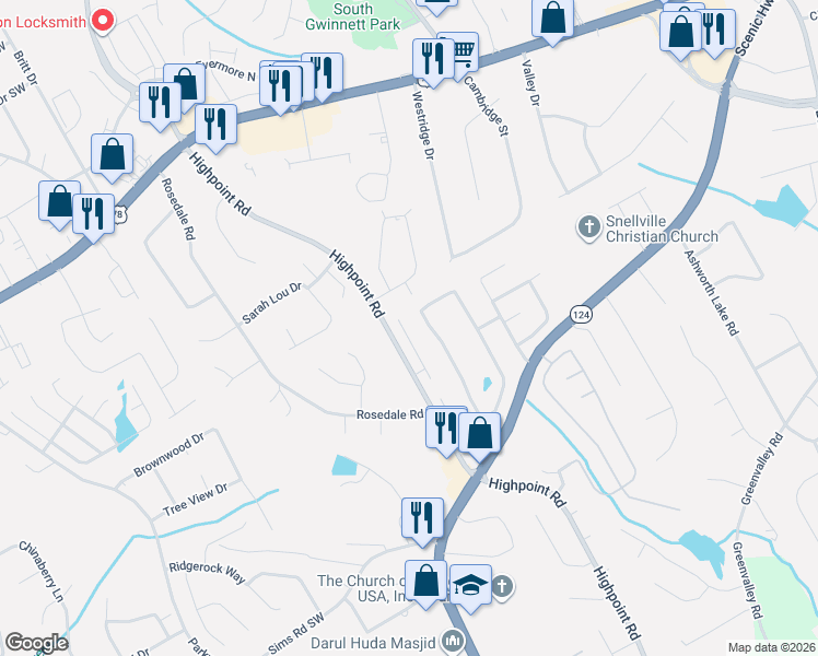 map of restaurants, bars, coffee shops, grocery stores, and more near 2290 Bankston Circle in Snellville