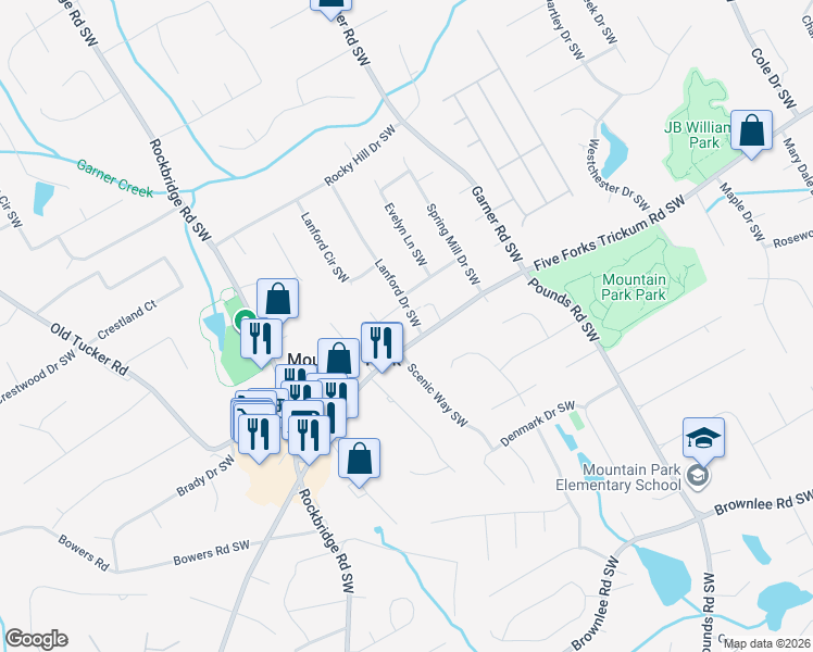 map of restaurants, bars, coffee shops, grocery stores, and more near 1155 Lanford Drive Southwest in Lilburn