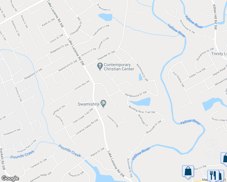 map of restaurants, bars, coffee shops, grocery stores, and more near 1569 Briarwood Lane Southwest in Lilburn