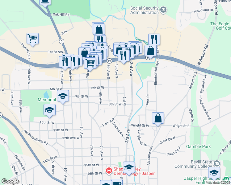 map of restaurants, bars, coffee shops, grocery stores, and more near 6th Street West in Jasper