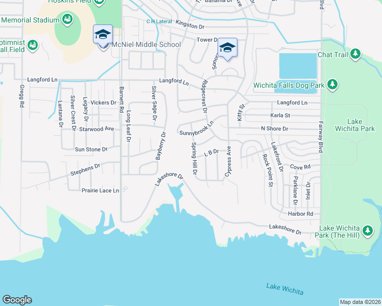 map of restaurants, bars, coffee shops, grocery stores, and more near 4914 Spring Hill Drive in Wichita Falls