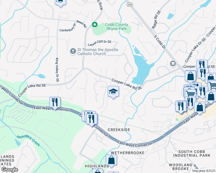 map of restaurants, bars, coffee shops, grocery stores, and more near 2144 Berryhill Circle Southeast in Smyrna