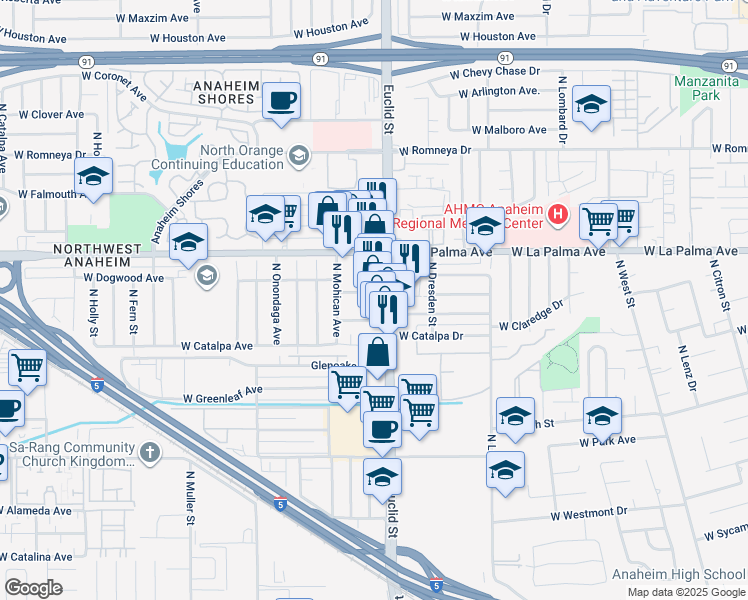 map of restaurants, bars, coffee shops, grocery stores, and more near 1007 North Euclid Street in Anaheim