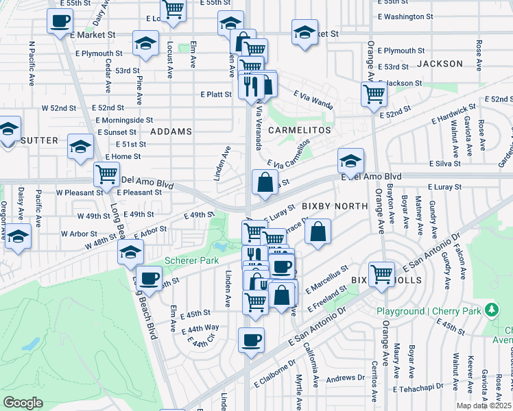 map of restaurants, bars, coffee shops, grocery stores, and more near 605 E Del Amo Blvd in Long Beach