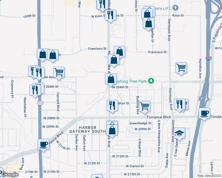 map of restaurants, bars, coffee shops, grocery stores, and more near 20406 Normandie Avenue in Torrance