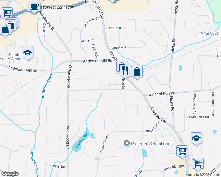 map of restaurants, bars, coffee shops, grocery stores, and more near 1240 Parktown Drive Southwest in Mableton