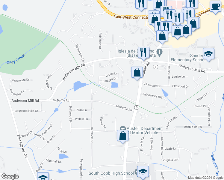 map of restaurants, bars, coffee shops, grocery stores, and more near 2026 Drennon Avenue in Austell