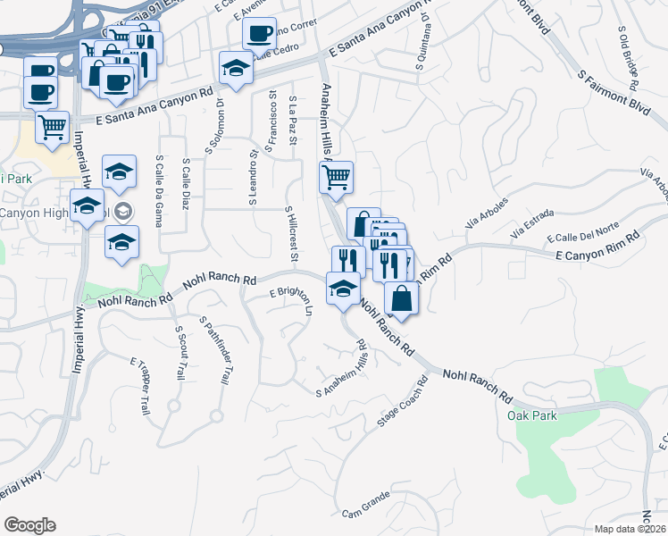 map of restaurants, bars, coffee shops, grocery stores, and more near 435 South Anaheim Hills Road in Anaheim