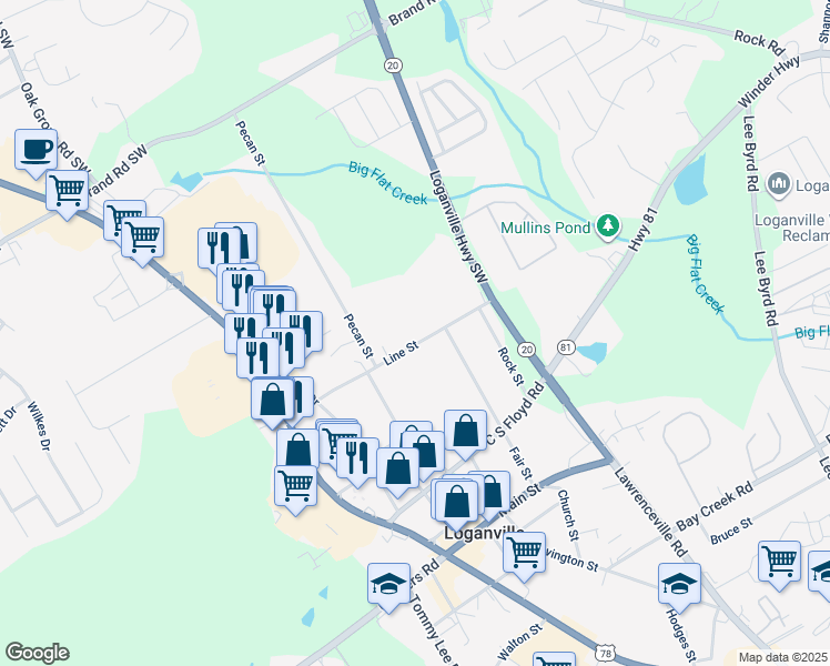 map of restaurants, bars, coffee shops, grocery stores, and more near 180 Line Street in Loganville