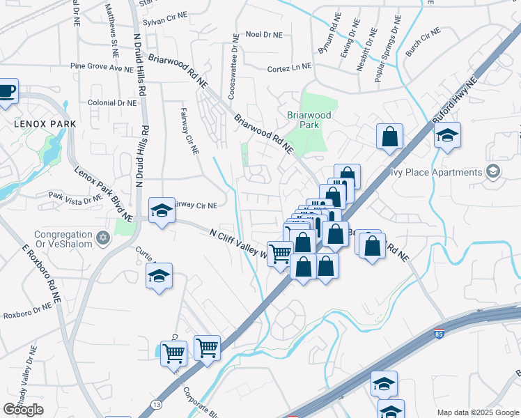 map of restaurants, bars, coffee shops, grocery stores, and more near 2132 Pembroke Drive in Brookhaven