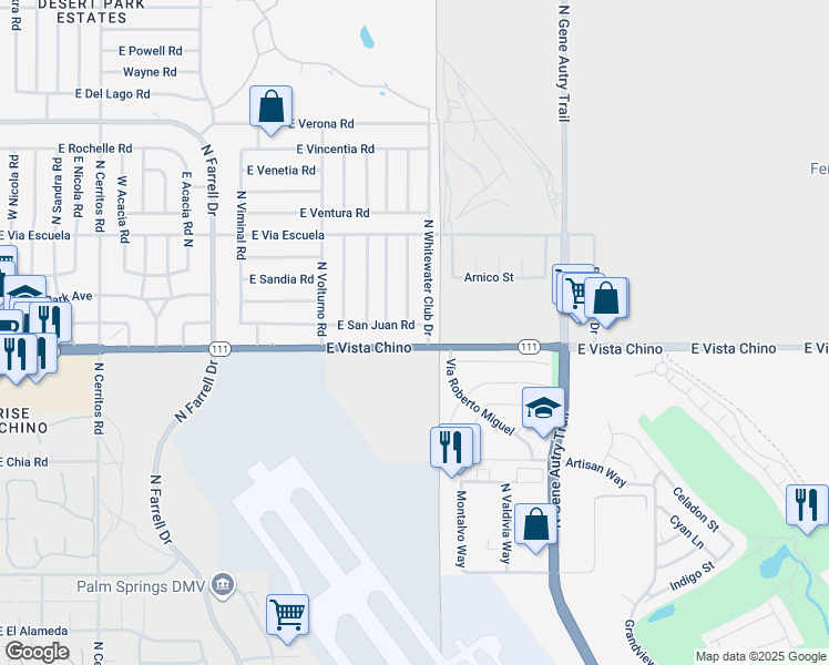 map of restaurants, bars, coffee shops, grocery stores, and more near 1850 North Whitewater Club Drive in Palm Springs