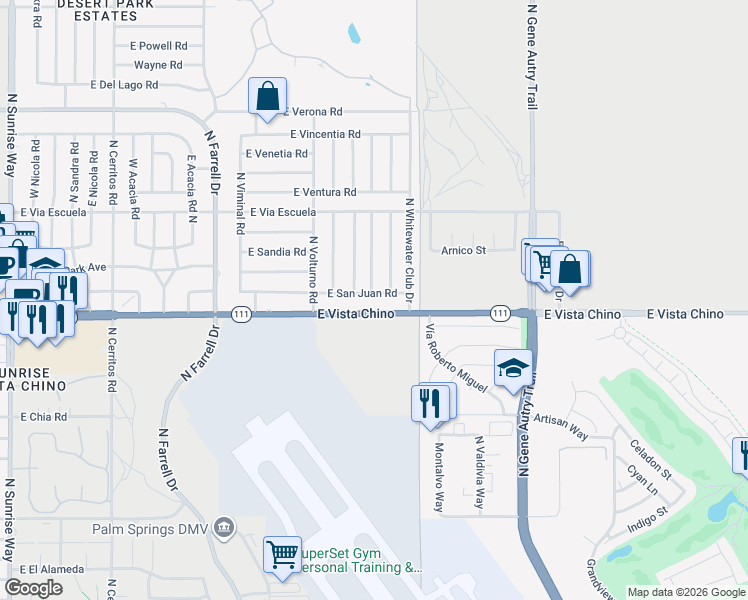 map of restaurants, bars, coffee shops, grocery stores, and more near 1850 North San Clemente Road in Palm Springs