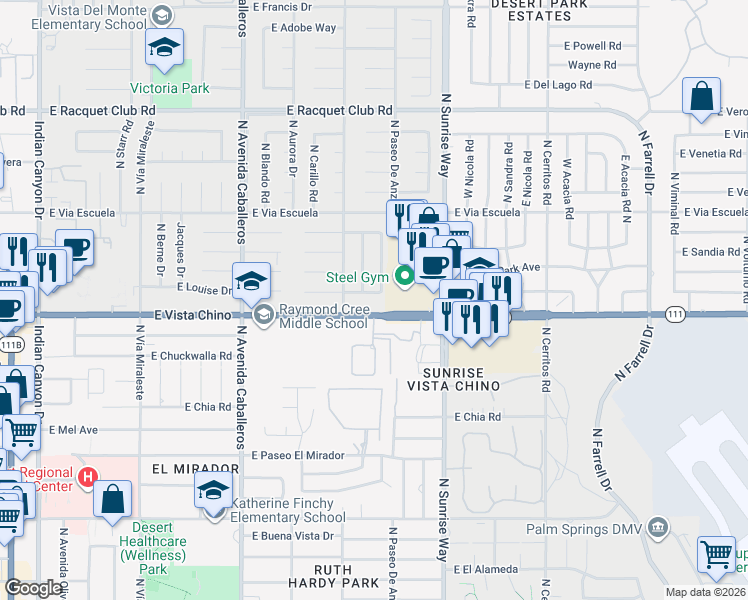 map of restaurants, bars, coffee shops, grocery stores, and more near 1808 Hidalgo Way in Palm Springs