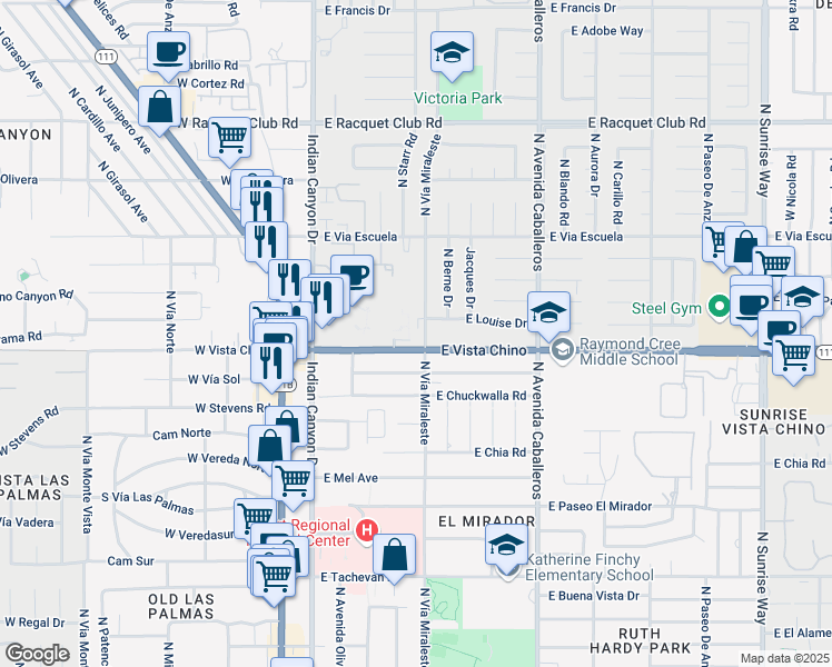 map of restaurants, bars, coffee shops, grocery stores, and more near 1820 North Vía Miraleste in Palm Springs