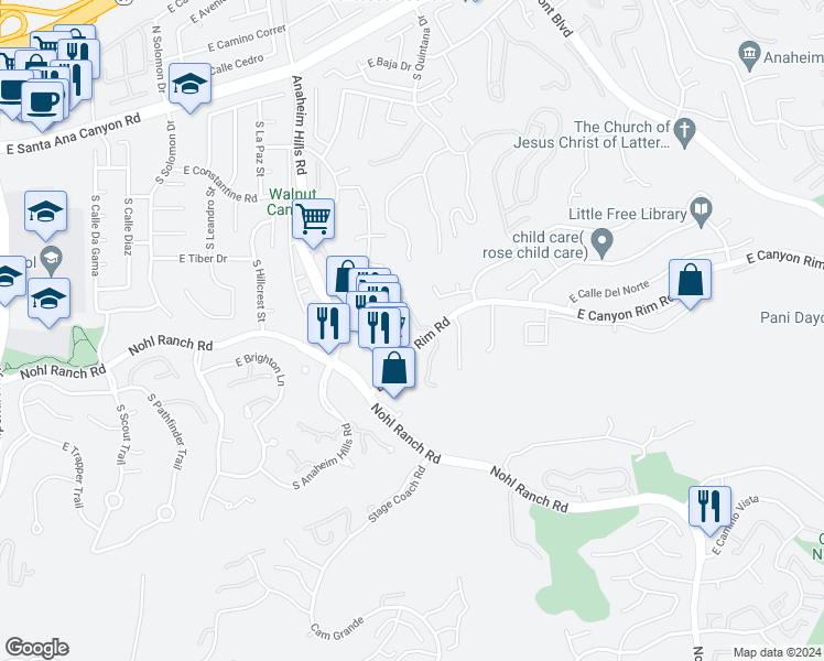 map of restaurants, bars, coffee shops, grocery stores, and more near 485 South Ranch View Circle in Anaheim