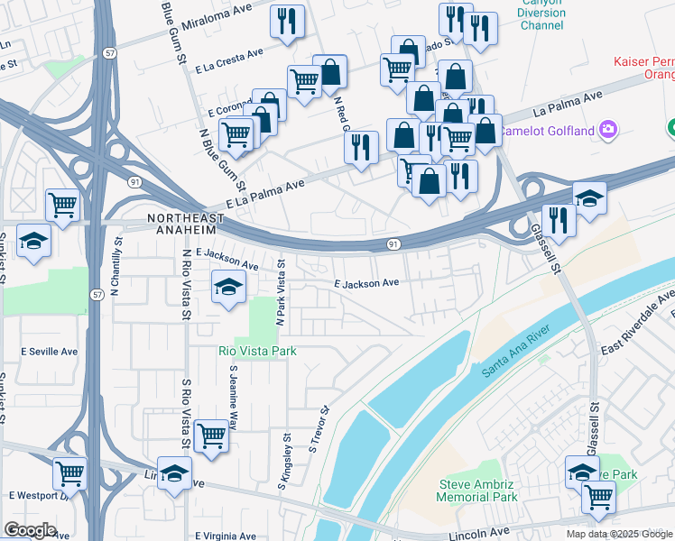 map of restaurants, bars, coffee shops, grocery stores, and more near 2944 East Frontera Street in Anaheim