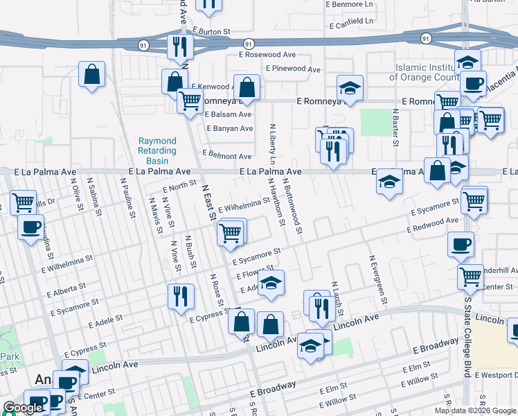 map of restaurants, bars, coffee shops, grocery stores, and more near 703 North Hawthorn Street in Anaheim