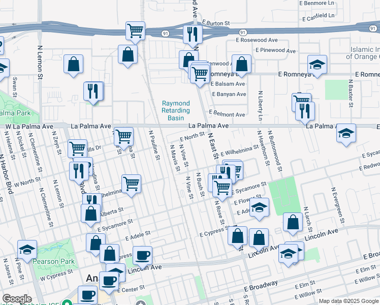 map of restaurants, bars, coffee shops, grocery stores, and more near 749 North Bush Street in Anaheim