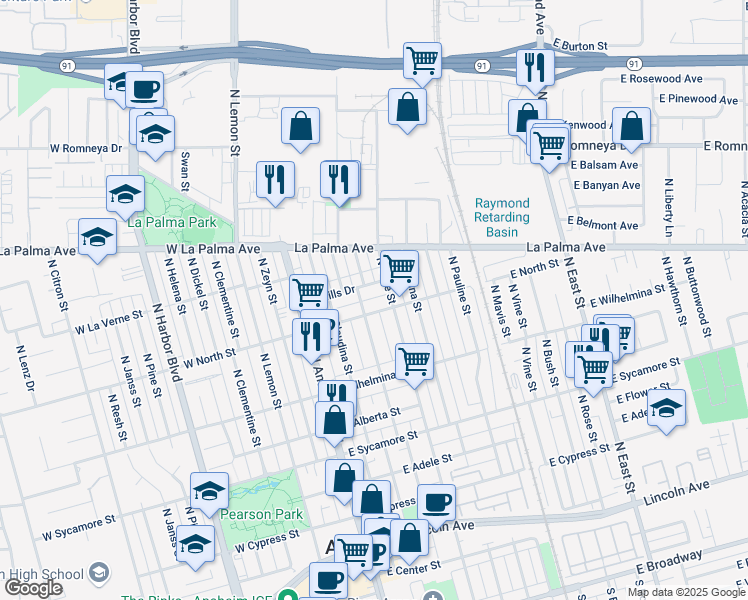 map of restaurants, bars, coffee shops, grocery stores, and more near 815 North Olive Street in Anaheim