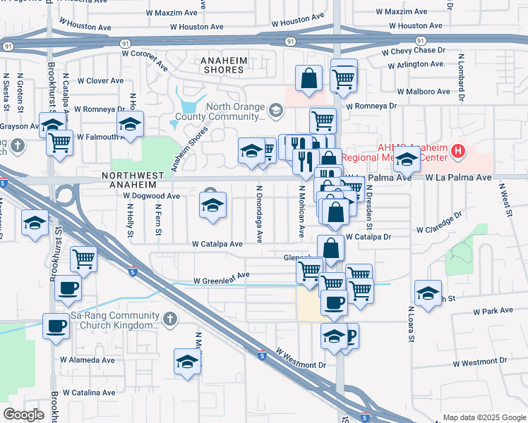 map of restaurants, bars, coffee shops, grocery stores, and more near 948 North Onondaga Avenue in Anaheim