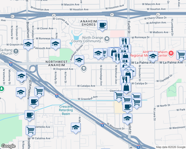 map of restaurants, bars, coffee shops, grocery stores, and more near 948 North Wichita Street in Anaheim