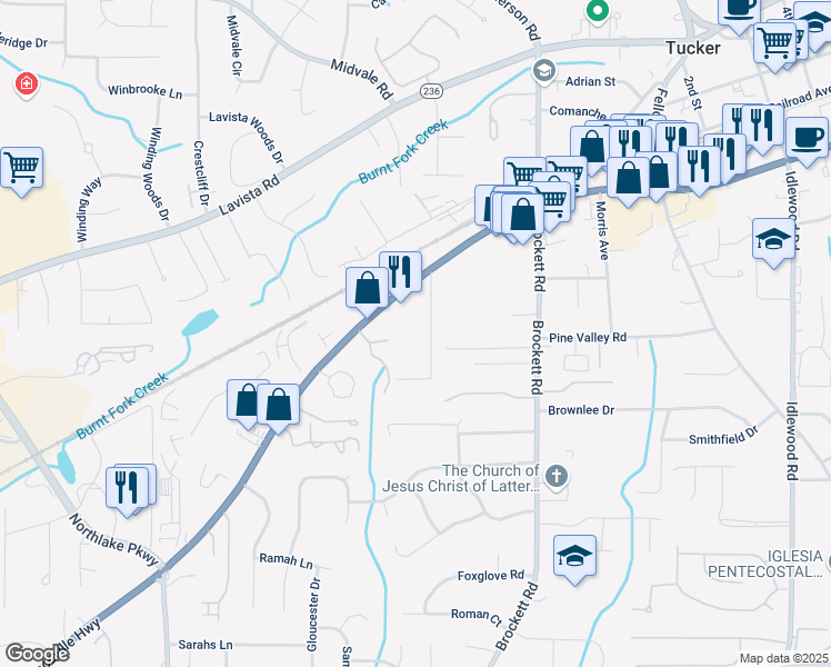 map of restaurants, bars, coffee shops, grocery stores, and more near 2100 Shady Lane in Tucker