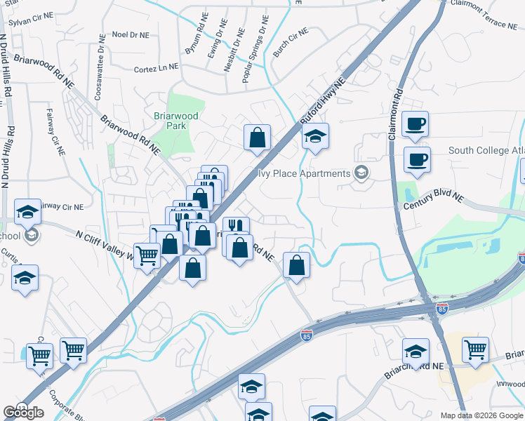map of restaurants, bars, coffee shops, grocery stores, and more near 1586 Lenox Overlook Road in Atlanta
