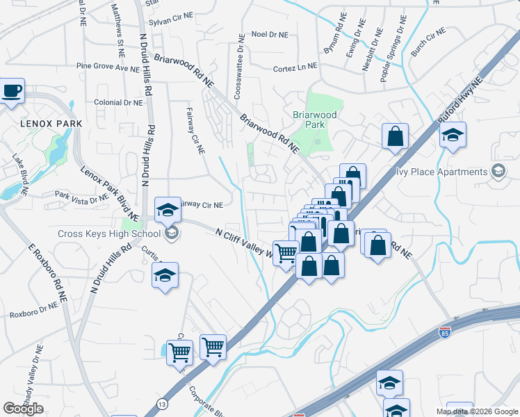 map of restaurants, bars, coffee shops, grocery stores, and more near 2162 Prestwick Court Northeast in Brookhaven