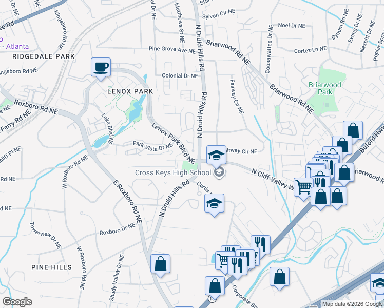 map of restaurants, bars, coffee shops, grocery stores, and more near 1189 Village Cove Northeast in Atlanta