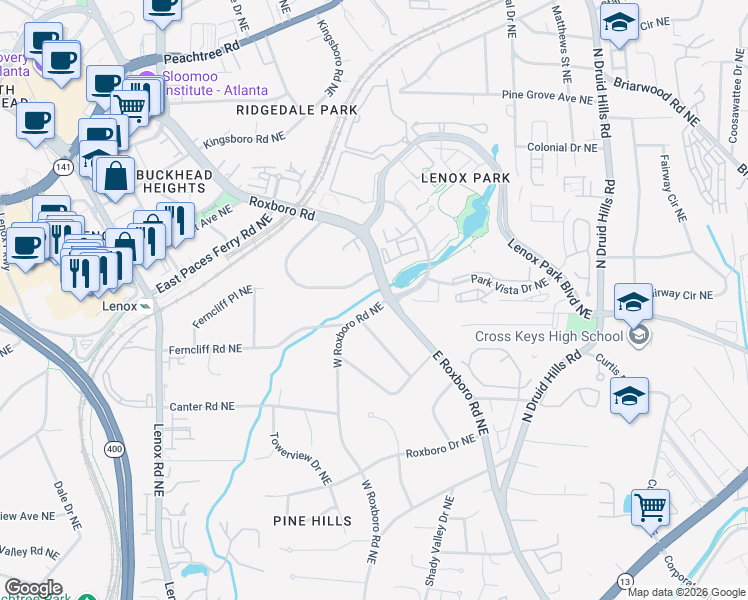map of restaurants, bars, coffee shops, grocery stores, and more near 3310 West Roxboro Road Northeast in Atlanta