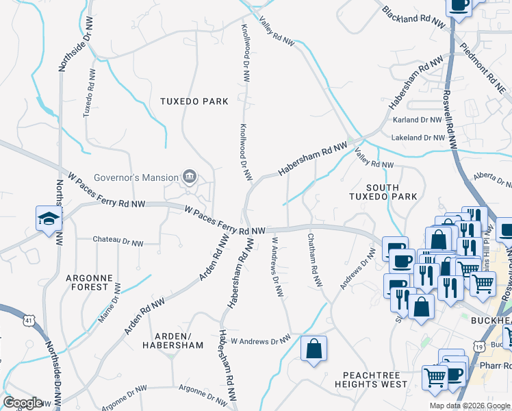 map of restaurants, bars, coffee shops, grocery stores, and more near 3337 Habersham Road Northwest in Atlanta