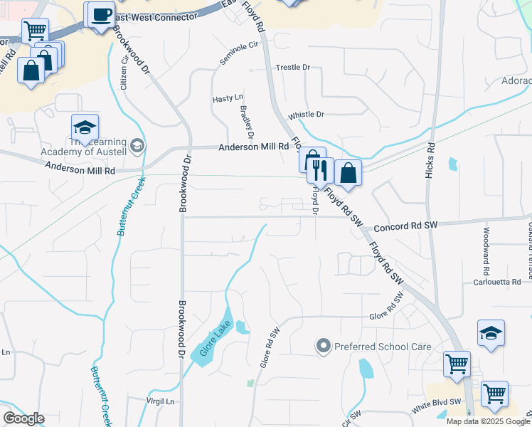 map of restaurants, bars, coffee shops, grocery stores, and more near 1240 Parktown Drive Southwest in Mableton
