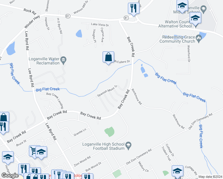map of restaurants, bars, coffee shops, grocery stores, and more near 950 Spanish Moss Tr in Loganville