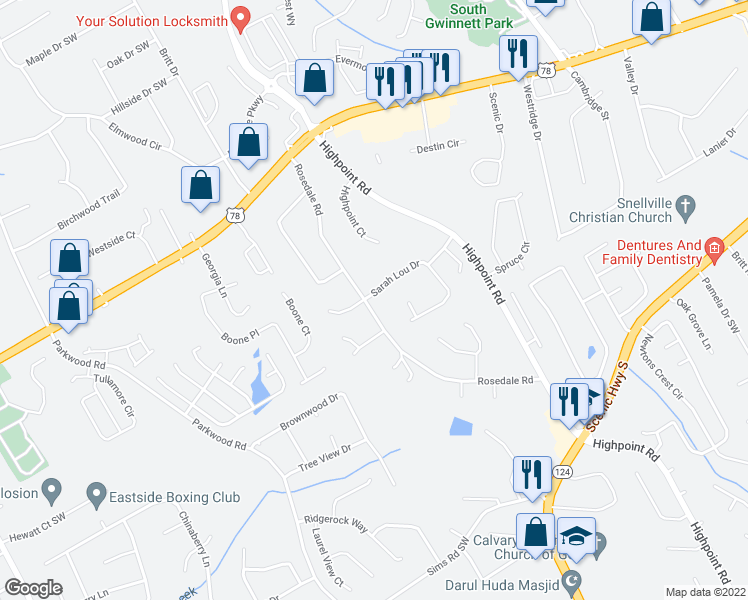 map of restaurants, bars, coffee shops, grocery stores, and more near 3224 Sarah Lou Drive in Snellville