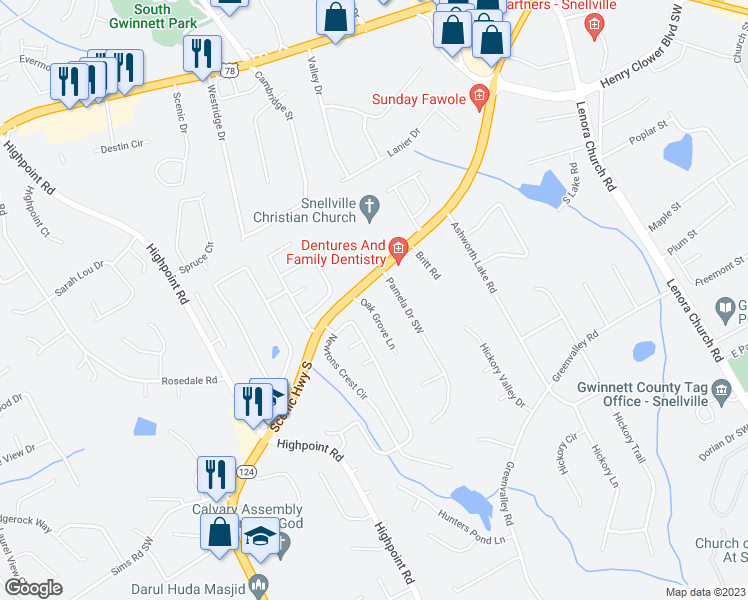 map of restaurants, bars, coffee shops, grocery stores, and more near 2522 Oak Grove Lane in Snellville