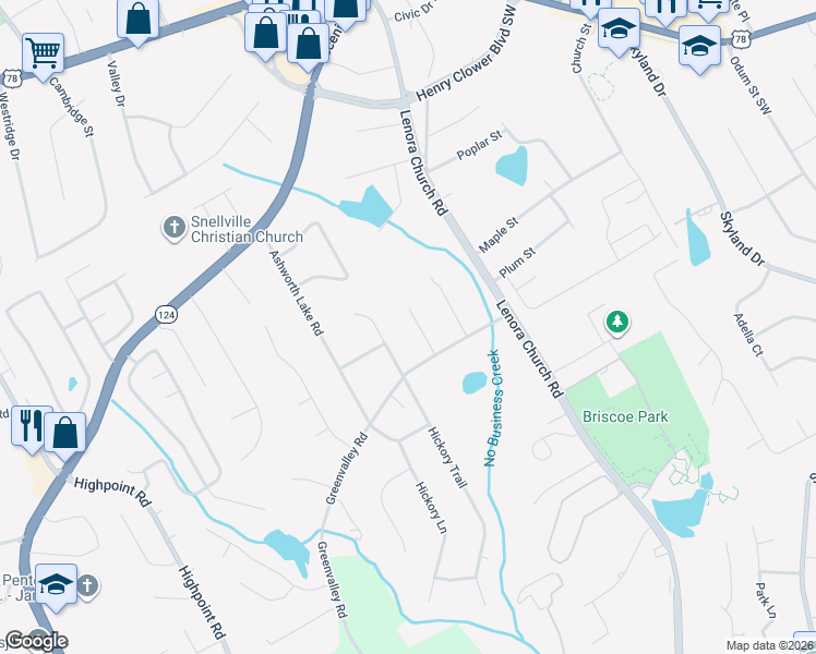 map of restaurants, bars, coffee shops, grocery stores, and more near 2643 Green Valley Court in Snellville