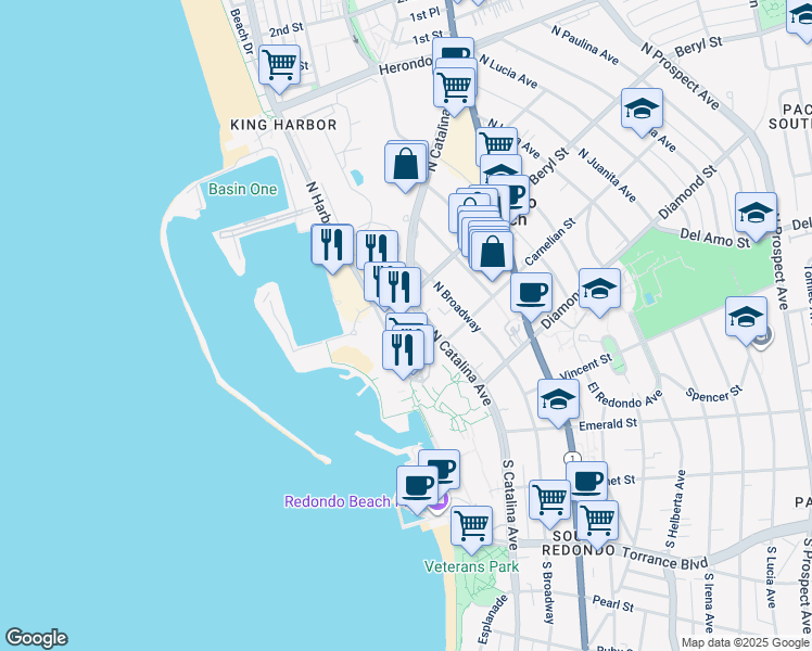 map of restaurants, bars, coffee shops, grocery stores, and more near 300 North Harbor Drive in Redondo Beach