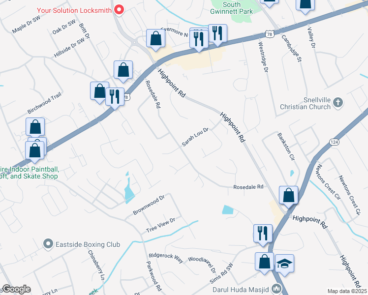 map of restaurants, bars, coffee shops, grocery stores, and more near 3226 Sarah Lou Drive in Snellville