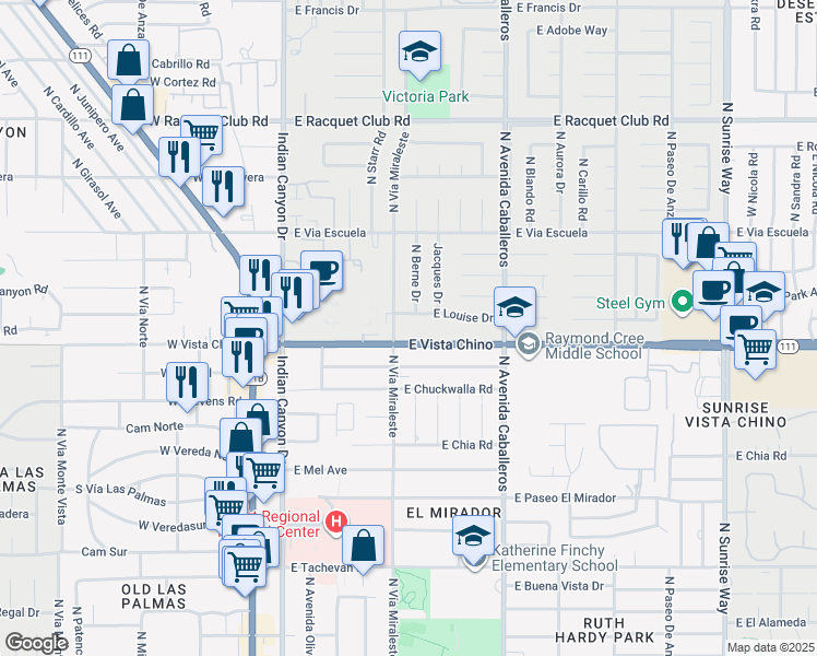 map of restaurants, bars, coffee shops, grocery stores, and more near 1740 North Vía Miraleste in Palm Springs