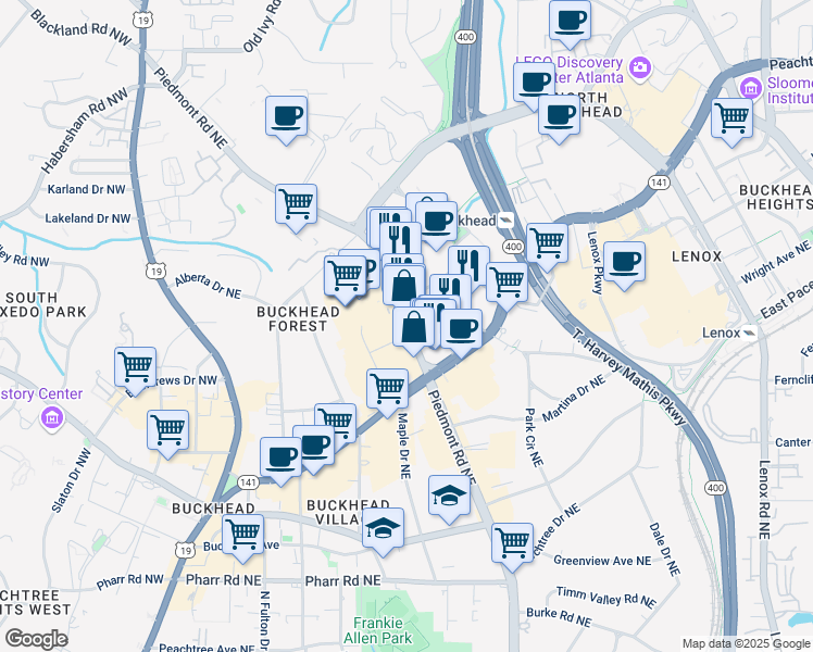 map of restaurants, bars, coffee shops, grocery stores, and more near 3325 Piedmont Road in Atlanta