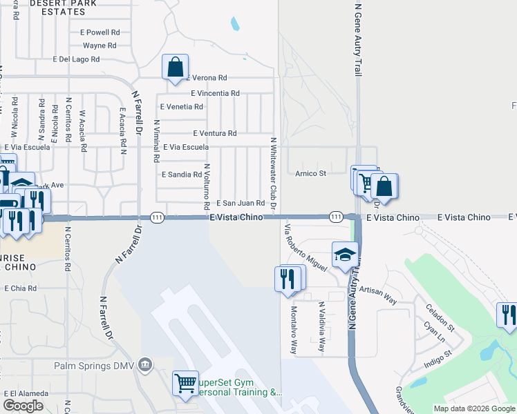 map of restaurants, bars, coffee shops, grocery stores, and more near 1850 North San Clemente Road in Palm Springs