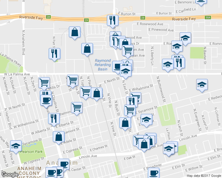 map of restaurants, bars, coffee shops, grocery stores, and more near 735 North Bush Street in Anaheim