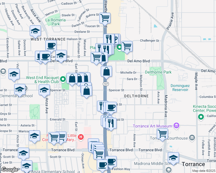 map of restaurants, bars, coffee shops, grocery stores, and more near 20460 Hawthorne Boulevard in Torrance