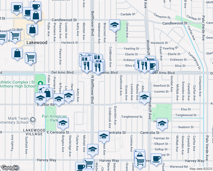 map of restaurants, bars, coffee shops, grocery stores, and more near 4841 Briercrest Avenue in Lakewood