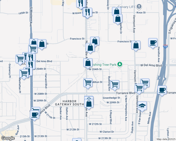 map of restaurants, bars, coffee shops, grocery stores, and more near 20406 Normandie Avenue in Torrance