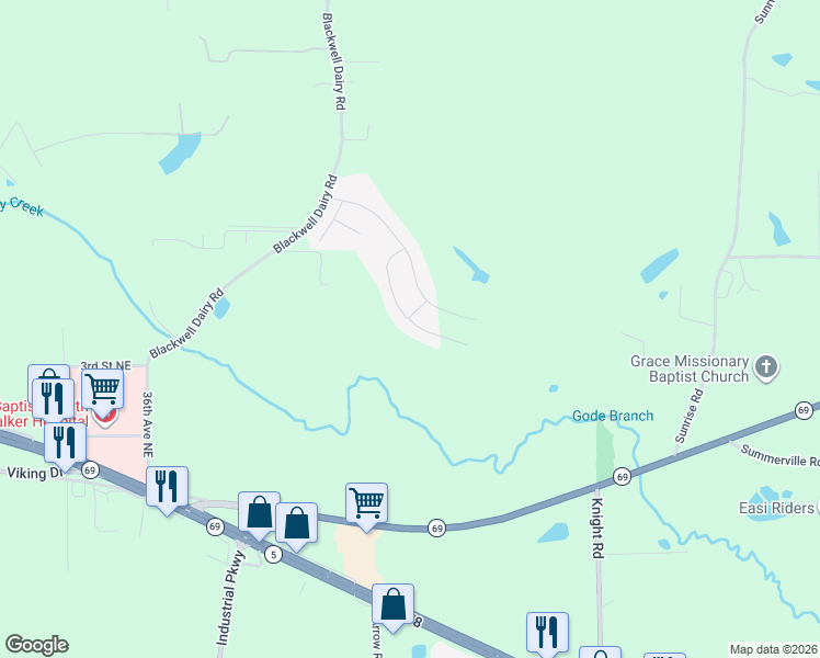 map of restaurants, bars, coffee shops, grocery stores, and more near 13 Birch Crossing Lane in Jasper