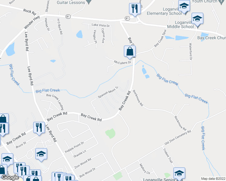 map of restaurants, bars, coffee shops, grocery stores, and more near Spanish Moss Tr in Loganville