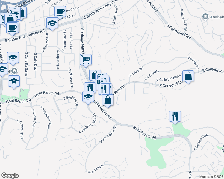 map of restaurants, bars, coffee shops, grocery stores, and more near 485 South Ranch View Circle in Anaheim