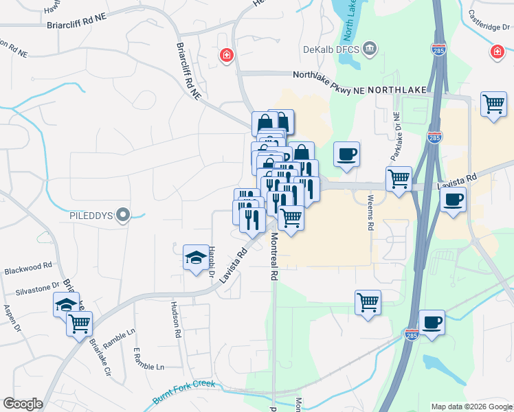 map of restaurants, bars, coffee shops, grocery stores, and more near 3181 Louden Drive Northeast in Atlanta